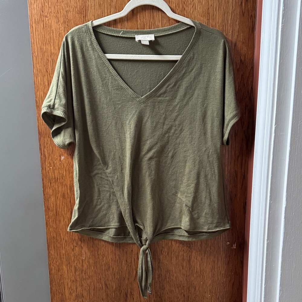 LOFT Olive V-Neck Tie-Front Tee